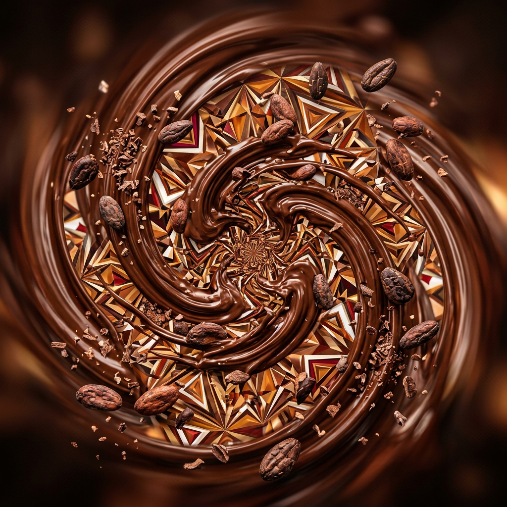 Swirling dark chocolate with cacao beans and pieces over geometric patterned background